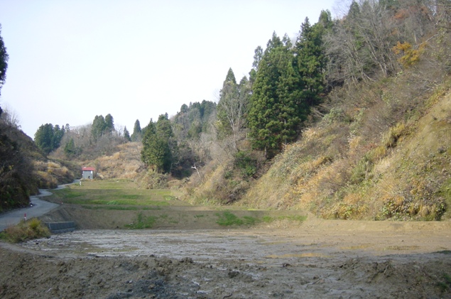 Terraced paddy field under recovery by heavy machine